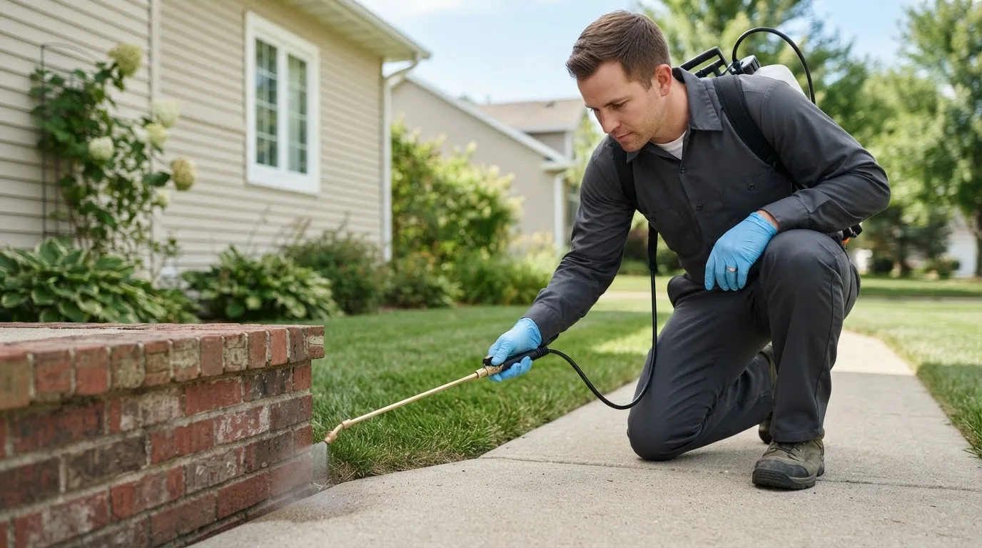 Pest control technician treating a home near Saronville, NE