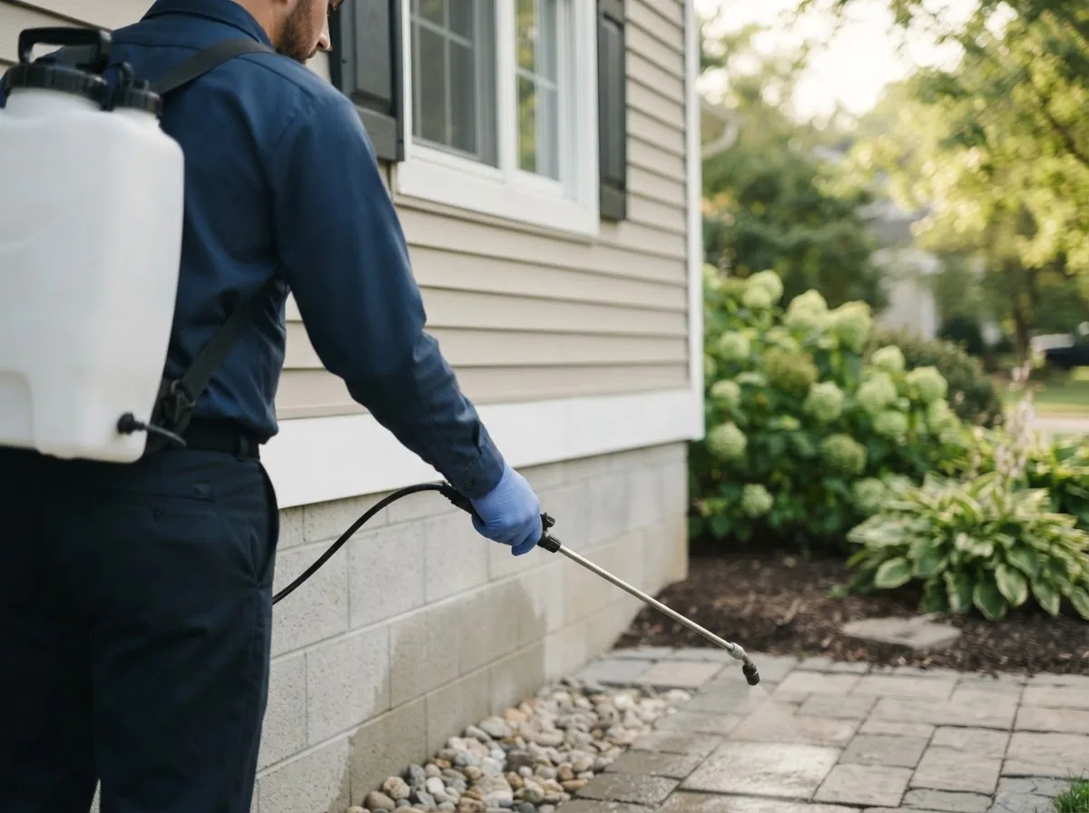 Pest control technician inspecting a home in Saronville, NE